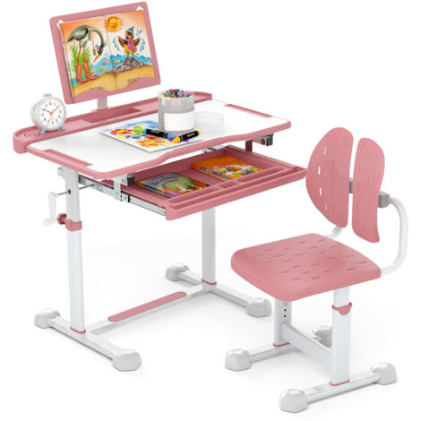 COSTWAY Kid¡¯s Study Desk & Chair Set Height-Adjustable Children Study Desk-Pink
