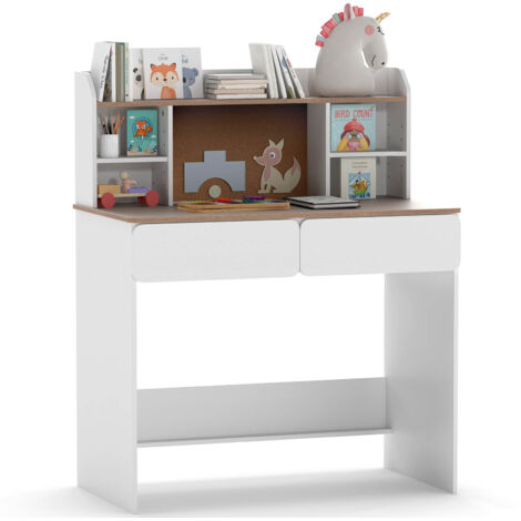 COSTWAY Kids Study Desk Student Writing Table with Cork Bulletin Board-White