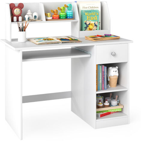 COSTWAY Kids Study Desk Wooden Writing Table with Keyboard Tray & Drawer-White