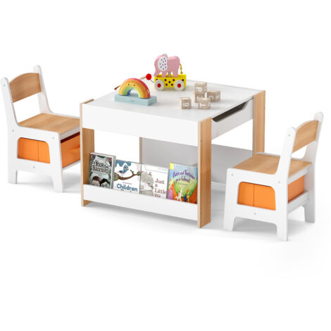 COSTWAY Kids Table and 2 Chairs Set Multifunctional Activity Table-Natural