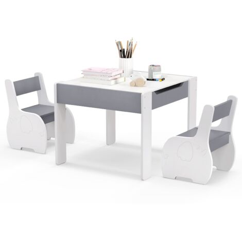 COSTWAY Kids Table and Chair Set 4-in-1 Wooden Activity Table & 2 Chairs-Grey