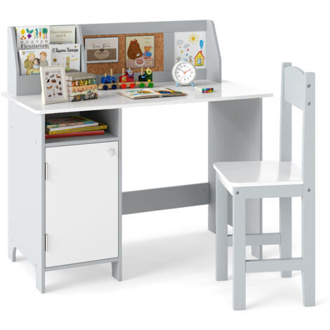 COSTWAY Kids Table and Chair Set Children Study Table w/ Hutch-Grey
