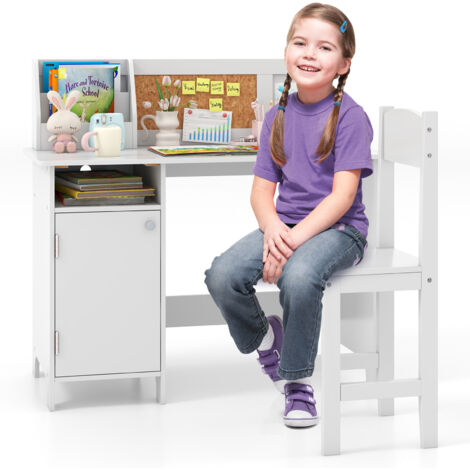 COSTWAY Kids Table and Chair Set Children Study Table w/ Hutch-White
