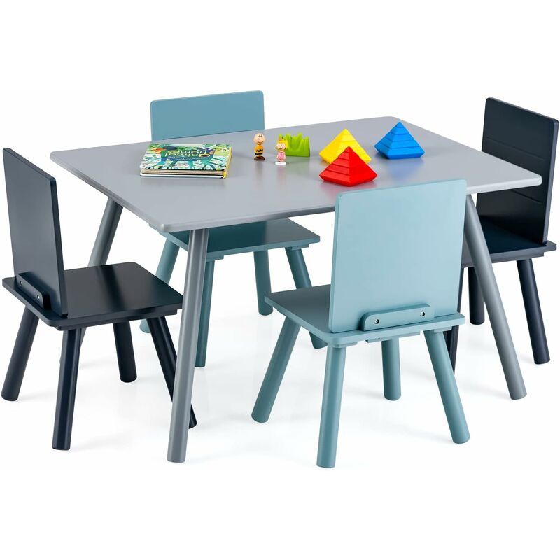 Kids Table and Chair Set with Building Blocks, 5PCS Children Activity Desk Chairs, Wooden Toddler Furniture for Playing Writing and Eating - Costway