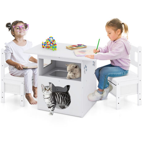 COSTWAY Kids Table and Chairs Set 3 Pieces Wooden Children Furniture-White