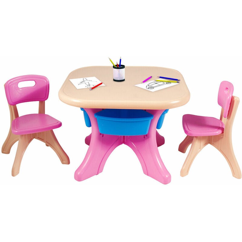 Kids Table and Chairs Set Children Activity Art Table Chairs Storage Bins Pink - Costway