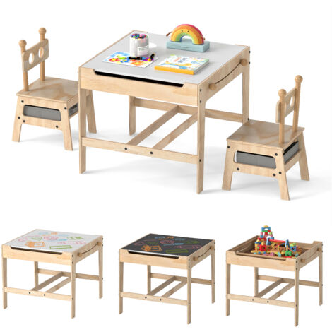 COSTWAY Kids Table & Chairs 4 in 1 Wooden Activity Desk Set-Grey
