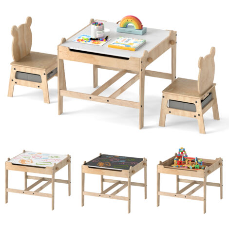 COSTWAY Kids Table & Chairs 4 in 1 Wooden Activity Desk Set-Grey(Bear Shape)
