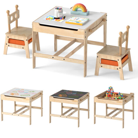 COSTWAY Kids Table & Chairs 4 in 1 Wooden Activity Desk Set-Natural