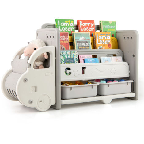 COSTWAY Kids Toy Storage and Bookshelf Car Themed Toy Storage Cabinet-Grey