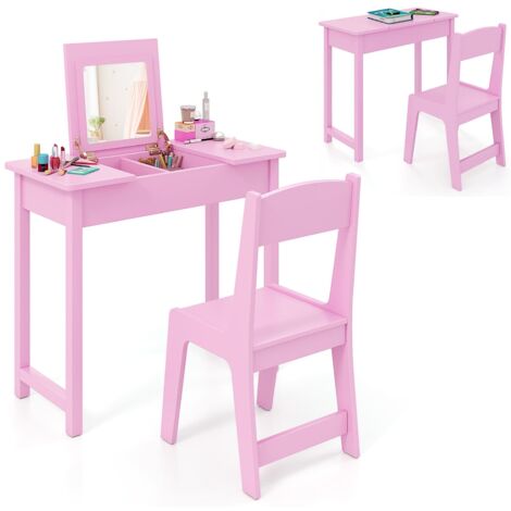 COSTWAY Kids Vanity Set 2 in 1 Vanity Table & Chair Set w/Flip Top Mirror-Pink