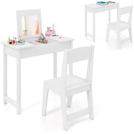 COSTWAY Kids Vanity Set 2 in 1 Vanity Table & Chair Set w/Flip Top Mirror-White