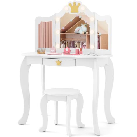 COSTWAY Kids Vanity Set Princess Vanity Table & Chair Set w/Lighted Mirror-White