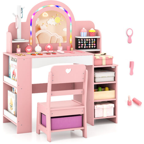 COSTWAY Kids Vanity Set with LED Lights 86x39x104cm MDF Dressing Table and Chair Pink