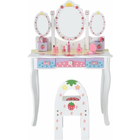 COSTWAY Kids Vanity Table and Chair, Girls Dressing Table with Tri-Folding Mirror, Drawers and Storage Boxes, Cute Playroom Bedroom Furniture for Toddlers (White)