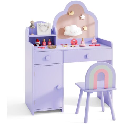 COSTWAY Kids Vanity Table and Chair Set Girls Vanity Set w/ Cloud-shaped Mirror Purple