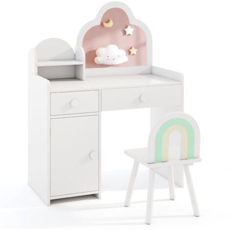 COSTWAY Kids Vanity Table and Chair Set Girls Vanity Set w/ Cloud-shaped Mirror White