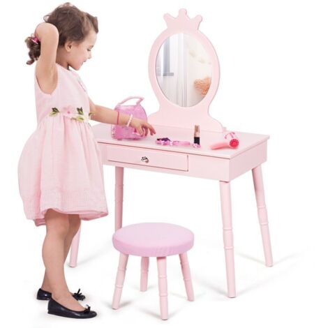 COSTWAY Kids Vanity Table and Chair Set Pretend Makeup Dressing Table W/ Mirror & Drawer