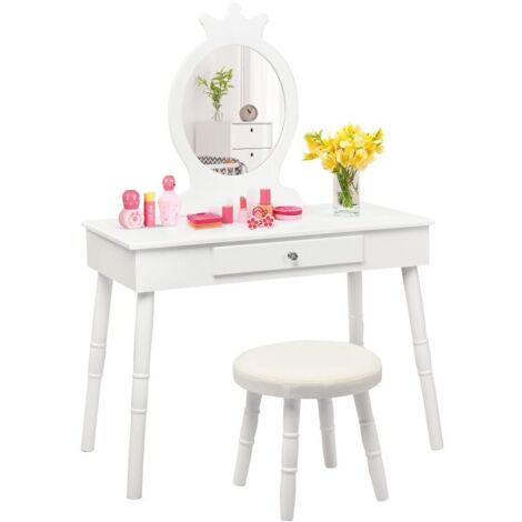 COSTWAY Kids Vanity Table and Chair Set Pretend Makeup Dressing Table W/ Mirror & Drawer