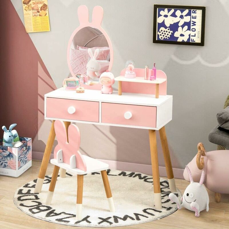 Kids Vanity Table and Stool Set, 2-in-1 Princess Makeup Dressing Tables with Detachable Mirror, Drawers & Storage Shelf, Cute Rabbit Study Desk for
