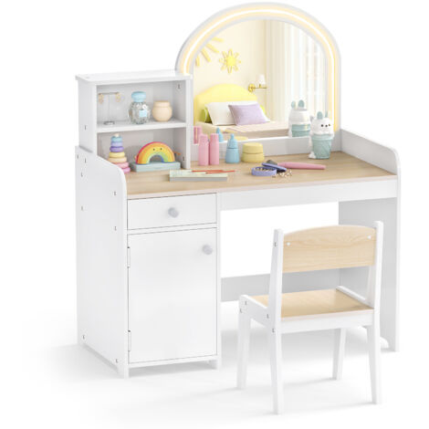COSTWAY Kids Vanity Table & Chair Set Makeup Playset with Shelves-Natural