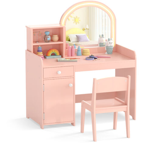 COSTWAY Kids Vanity Table & Chair Set Makeup Playset with Shelves-Pale Pink