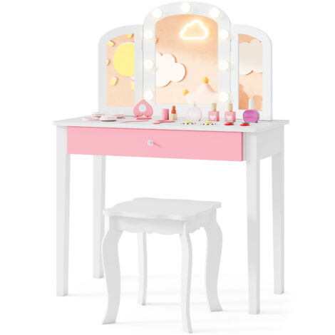 COSTWAY Kids Vanity Table with Mirror and Lights Princess Makeup Vanity Desk White