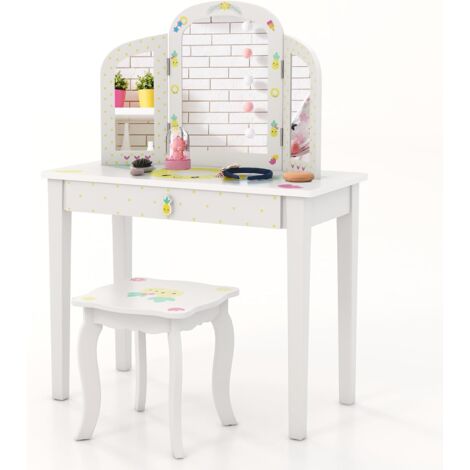 COSTWAY Kinder 2 in 1 Schminktisch Set, Frisiertisch mit dreifach klappbarem Spiegel & Schublade, Prinzessinnen Kosmetiktisch mit Schminkhocker, Schminkkommode Kindertisch für Kinder Mädchen (Ananas)
