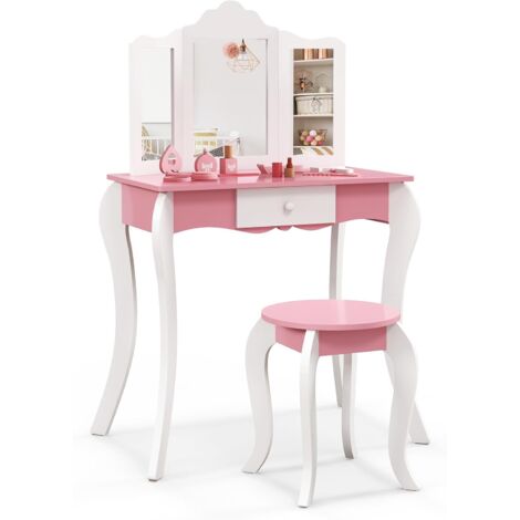 COSTWAY Kinder Schminktisch mit Hocker, Frisiertisch mit 3-Fach abnehmbarem Spiegel, Kosmetiktisch Mädchen aus Holz mit Schublade 68x42x100cm (Rosa+Weiß)