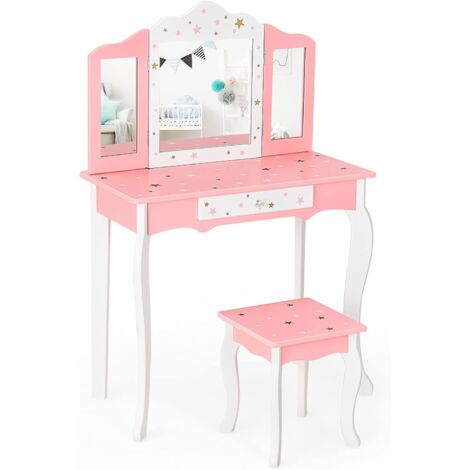 COSTWAY Kinder Schminktisch mit Hocker, Prinzessin Frisiertisch mit Schublade & 3-Fach klappbarer Spiegel, Frisierkommode rosa, Schminkkommode für Maedchen