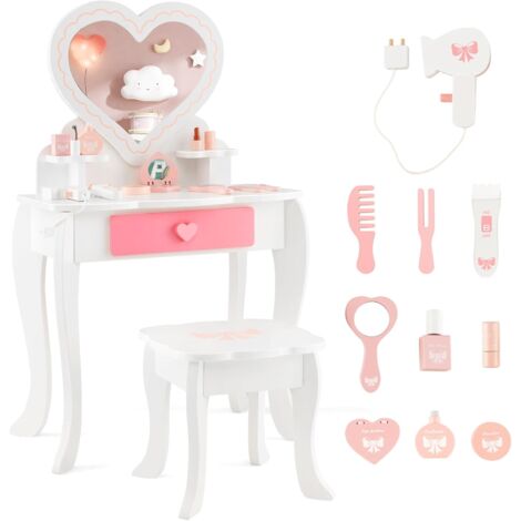COSTWAY Kinder Schminktisch Set, 2-in-1-Frisiertisch mit herzförmigem Spiegel, Hocker, Schublade & Zubehör, Kosmetiktisch Schminkkommode für Kinder ab 3 Jahren
