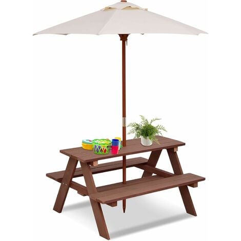 COSTWAY Kinder Sitzgruppe mit Sonnenschirm, Picknicktisch Holz Sitzgarnitur Kindertisch 4 Sitze verfügbar