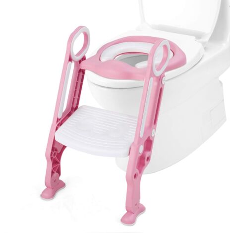 COSTWAY Kinder Toilettensitz hoehenverstellbar, Kindertoilette faltbar, Toilettentrainer mit Leiter und Griffe, Toepfchentrainer zum Toilettentraining fuer Kleinkinder von 1 bis 5 Jahre Rosa