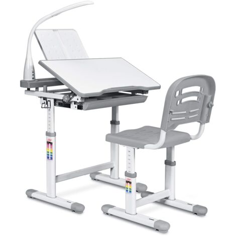 COSTWAY Kinderschreibtisch mit Stuhl & Lampe, höhenverstellbar, neigungsverstellbar, mit Schublade, Schuelerschreibtisch grau