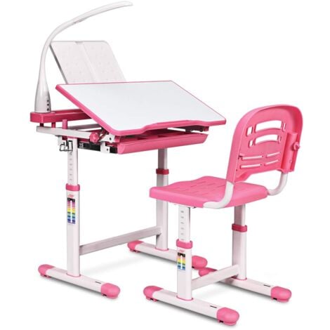 COSTWAY Kinderschreibtisch mit Stuhl & Lampe, höhenverstellbar, neigungsverstellbar, mit Schublade, Schuelerschreibtisch Rosa