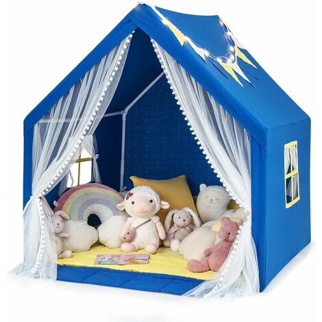 COSTWAY Kinderspielhaus mit Sternenlichtern, Prinzessin Prinzess Kinderzelt mit Fenster & Matte & bunten Flaggen, Spielzelt mit doppeltem Vorhang, Kinderspielzelt Spielhaus für Jungen Märchen (Blau)