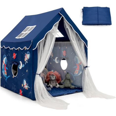 COSTWAY Kinderspielhaus Prinzessin Prinzess, Kinderzelt mit Vorhang, Fenster & Matte, Spielzelt für 2-4 Kinder Blau