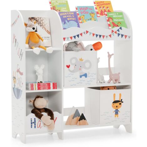 COSTWAY Kinderzimmerregal, mit 5 Faechern & 2 Aufbewahrungsboxen & 3 Regalen, Spielzeug-Organizer für Kleinkinder, für Spielzeug & Bücher Tier Pirat