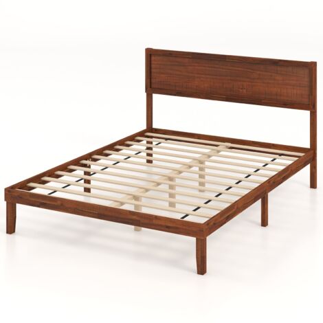 COSTWAY King Size Bed Frame Acacia Wood Platform Bed w/Headboard-Walnut