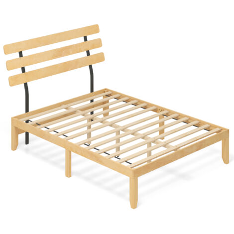 COSTWAY King Size Bed Frame Solid Wood Platform Bed w/Retro Headboard-Natural