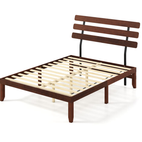 COSTWAY King Size Bed Frame Solid Wood Platform Bed w/Retro Headboard-Walnut