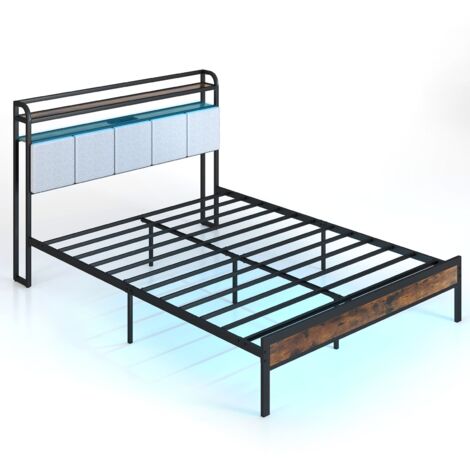 COSTWAY King Size Bed Frame w/ LED Light & Charging Station-Brown