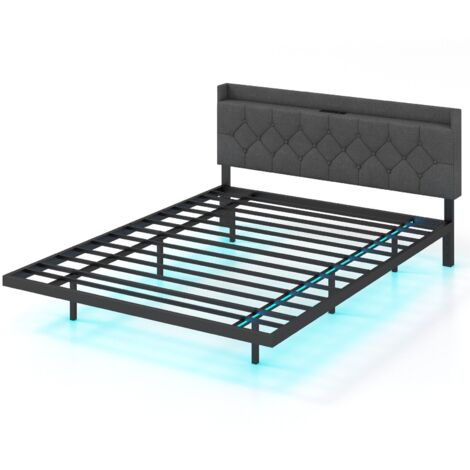 COSTWAY King Size Floating Bed Frame Modern Platform Bed with LED Lights