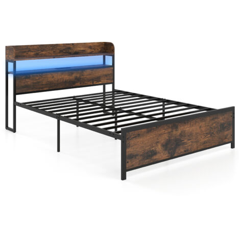 COSTWAY King Size Metal Bed Frame with LED Lights and Power Outlets Black