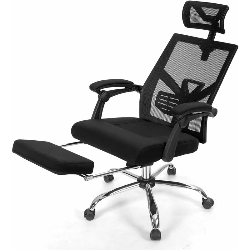 COSTWAY Kippbarer Bürostuhl mit einziehbarer Fussstütze, Computerstuhl mit Lendenwirbelstütze und Kopfstütze, Relaxsessel Relaxstuhl Hoehenverstellbar