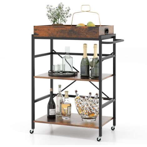 COSTWAY Kitchen 3-Tier Bar Cart Industrial Serving Cart w/Detachable Tray