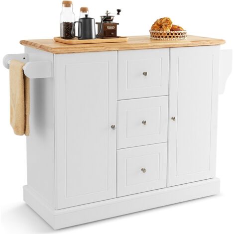 COSTWAY Kitchen Island Storage Trolley Rolling Cart Cupboard 3 Deep Drawers 2 Doors