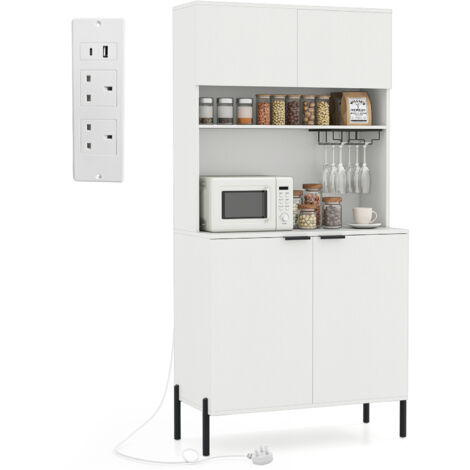 COSTWAY Kitchen Pantry Cabinet 164cm Kitchen Storage Hutch w/Power Outlets-White
