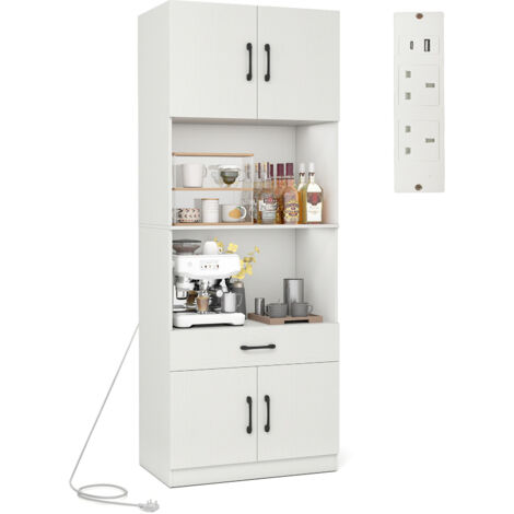 COSTWAY Kitchen Pantry Cabinet 168 cm Tall Cupboard with Charging Station-White