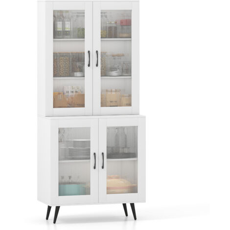 COSTWAY Kitchen Pantry Cabinet 178 cm Tall Cupboard w/4 Transparent Doors-White